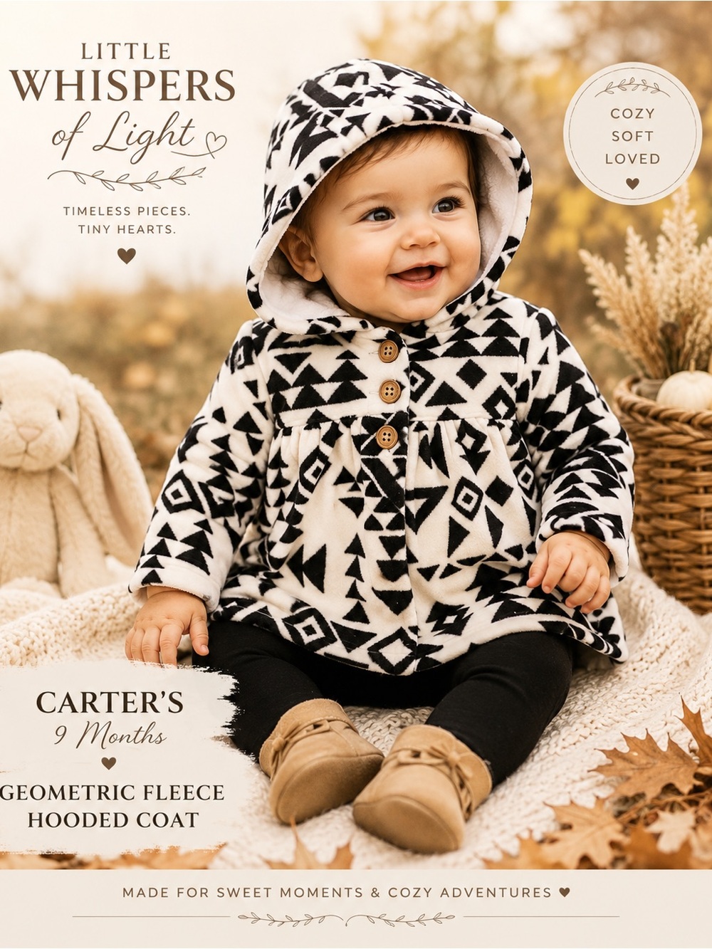 Carter’s Baby Girl 9M Black & Cream Geometric Fleece Hooded Coat